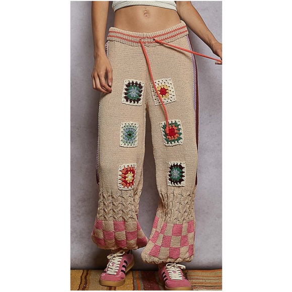 POL Tan Chenille Granny Square Stretchy Waist Jogger pants - Picture 1 of 4